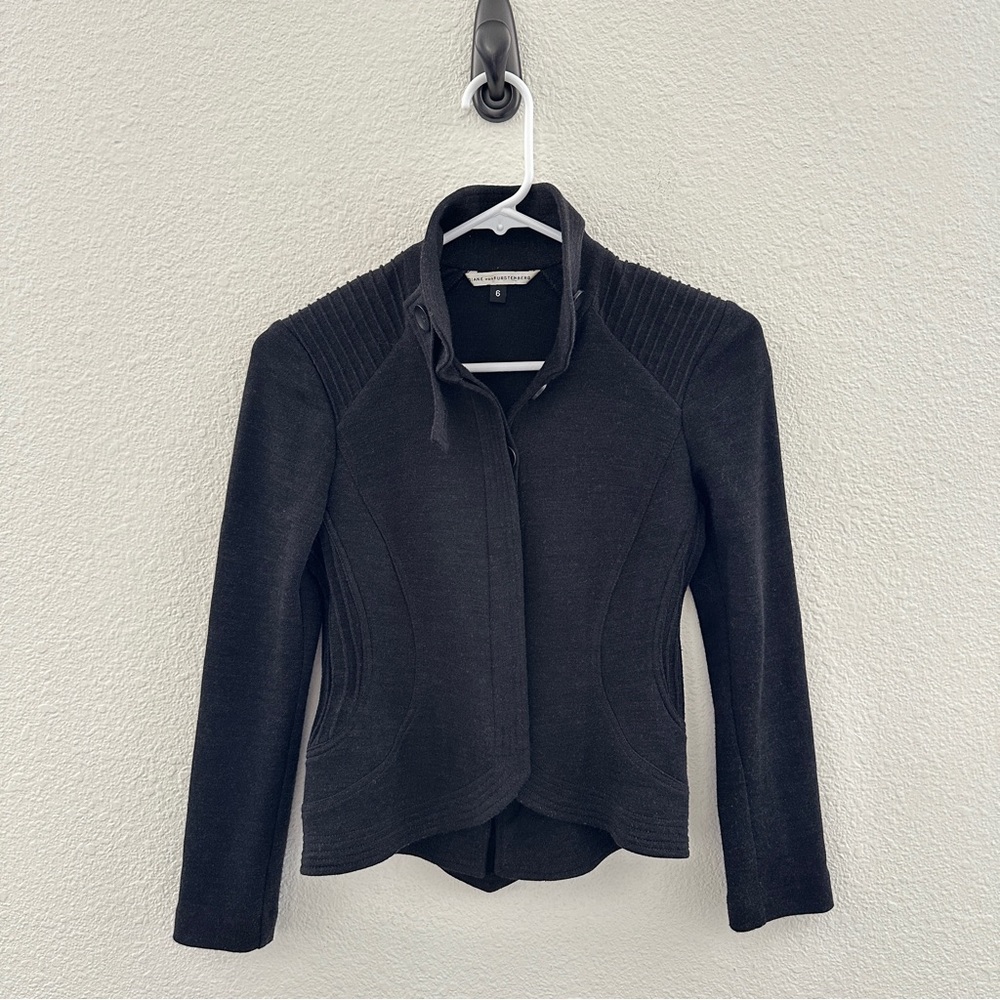 Diane Von Furstenberg Black High Collar Merino Cardigan Jacket
